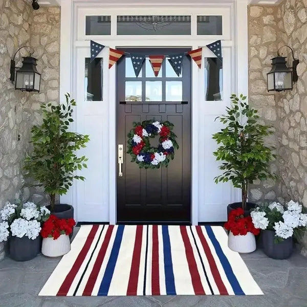 1pc 4th Of July Patriotic Door Mat - Blue White Red Striped Welcome