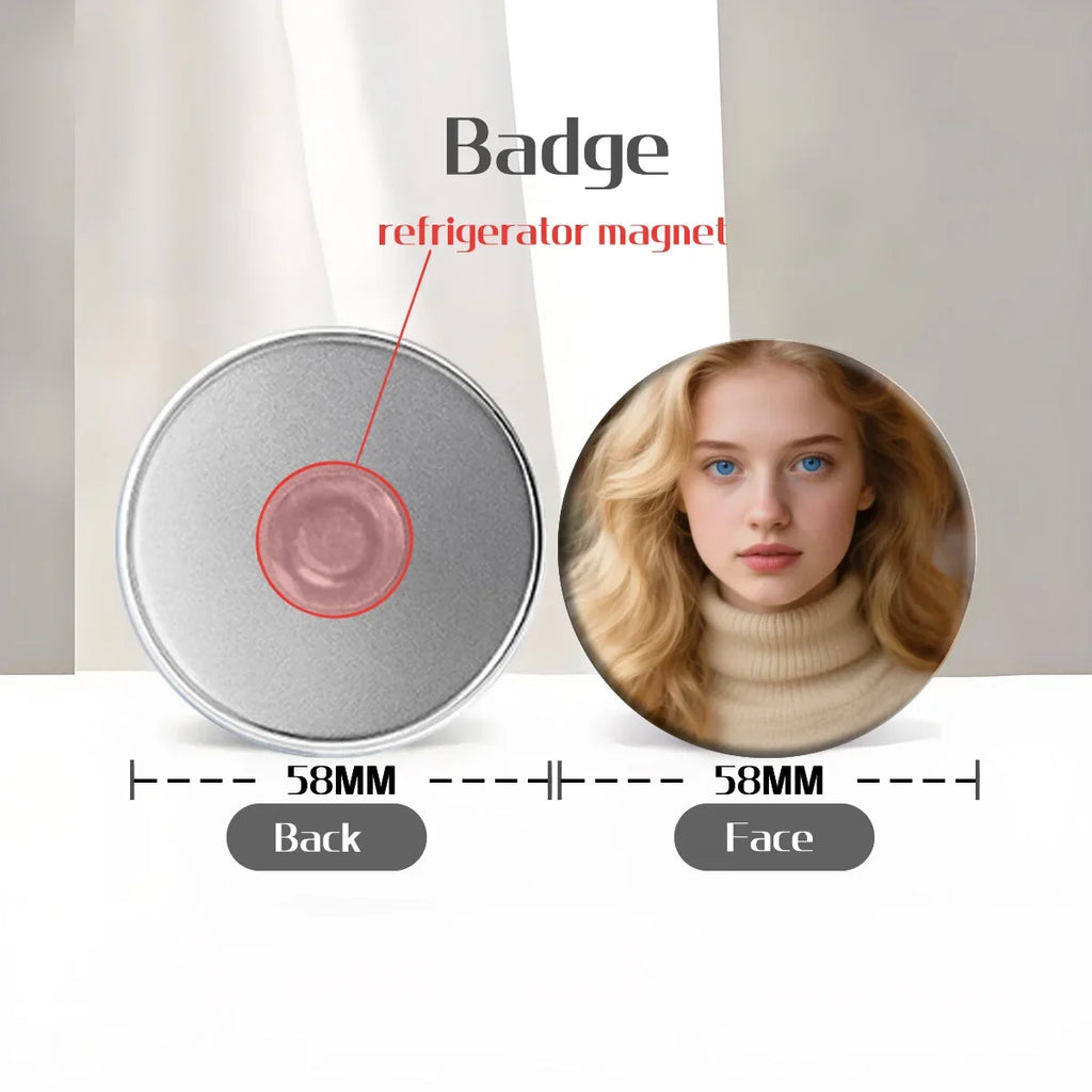58mm Sparkling Pink Hair Girl Collector's Metal Pin Tinplate Badge with Glass Glitter Film Refrigerator Magnet Mirror Keychain