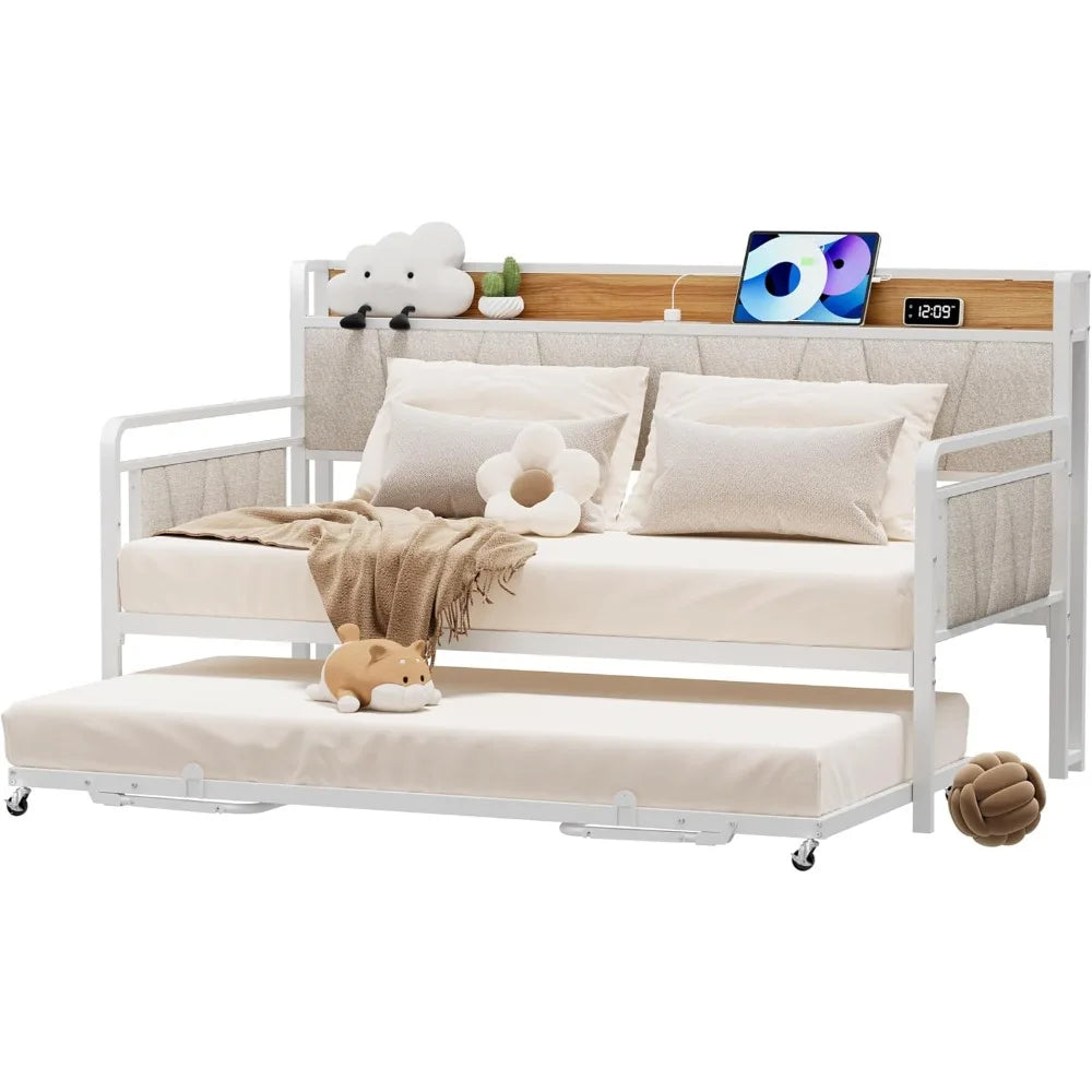 Twin Daybed with Trundle, Modern Twin Size Sofa Day Bed, Sturdy Metal Bed Frame with Upholstered Headboard for Living Room, Bedr