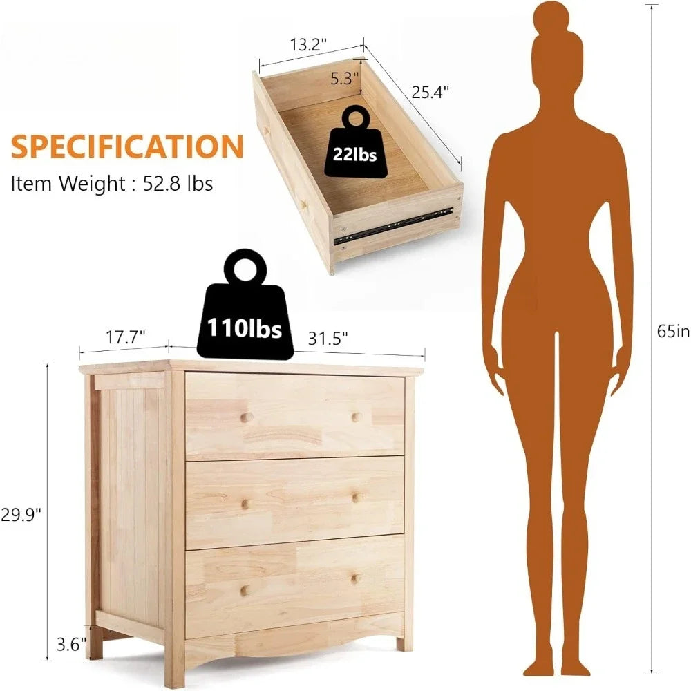 Unfinished Solid Wood Dresser Color DIY, 3 Drawer Dresser for Bedroom, Natural Rubber Wood Chest of Drawers, Baby Dressers