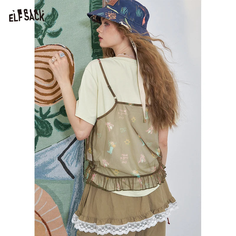 ELFSACK 2025 Summer New Arrival Casual Cute design niche top Mesh halter print short sleeve two-piece t-shirt