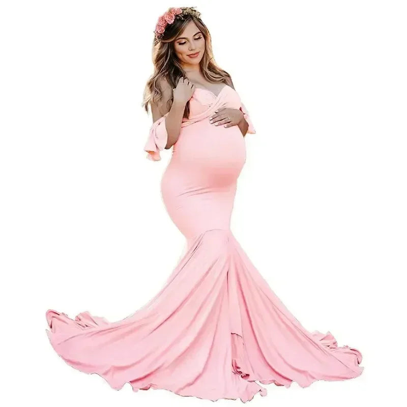 Mermaid Maternity Cotton Dresses Photo Shoot Pregnant Women Sexy Shoulderless Pregnancy Baby Shower Photography Props Clothes