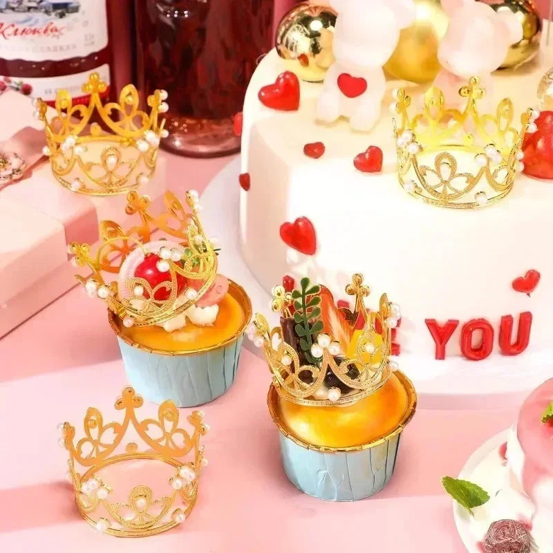 20/1Pcs Mini Crown Cake Decoration Pearl Tiara Gold Silver Crowns Cake Topper for Children Hair Ornaments Wedding Birthday Party