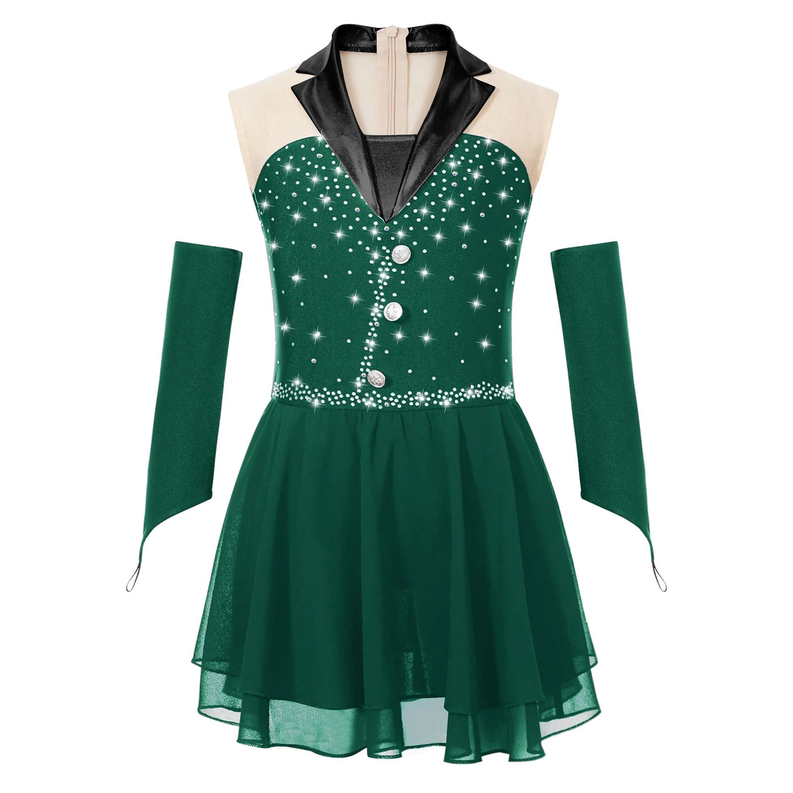Kids Girls Shiny Ballet Skating Tuxedos Leotard Dress with Gloves Children Lyrical Dance Costumes Latin Cha-cha Stage Dancewear
