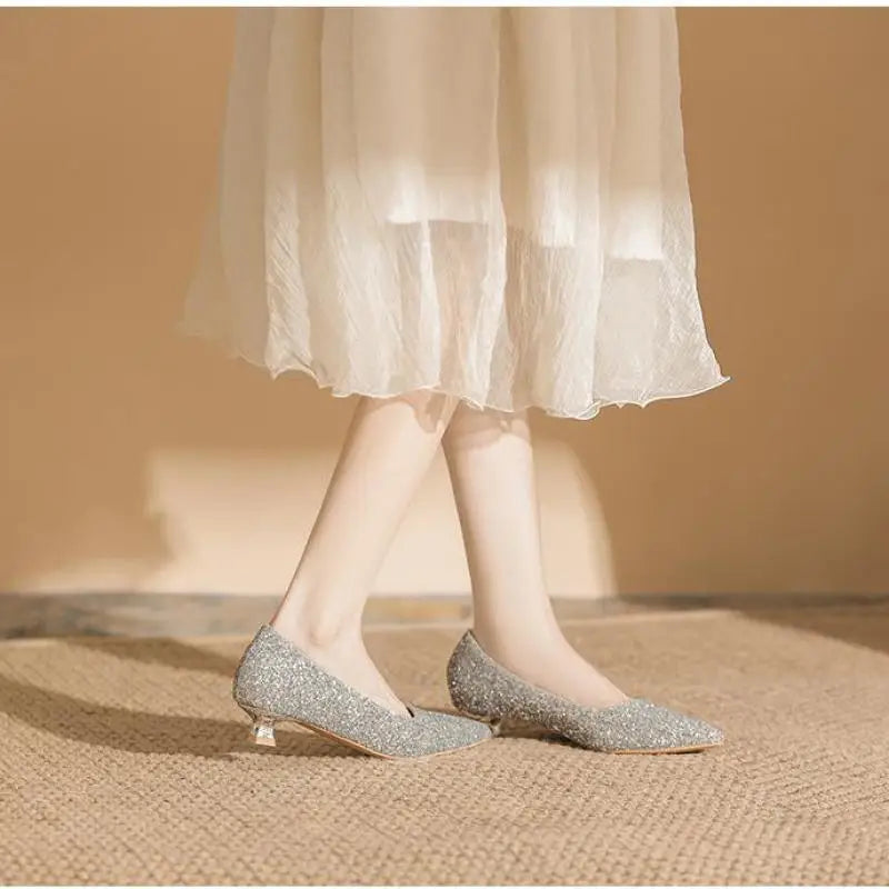 Size 34-41 Red Low Heels Women's Stiletto Heel Wedding Shoes Women Pointed Toe Fashion Sexy Elegant Bride Pumps Gold