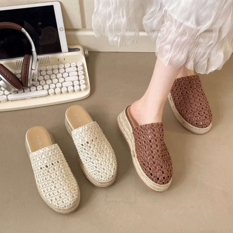 Women Platform Mules Slippers Weave Summer Mesh Shoes Casual Slingback Sandals New 2025 Fashion Hollow Woman Flip Flops Zapatos