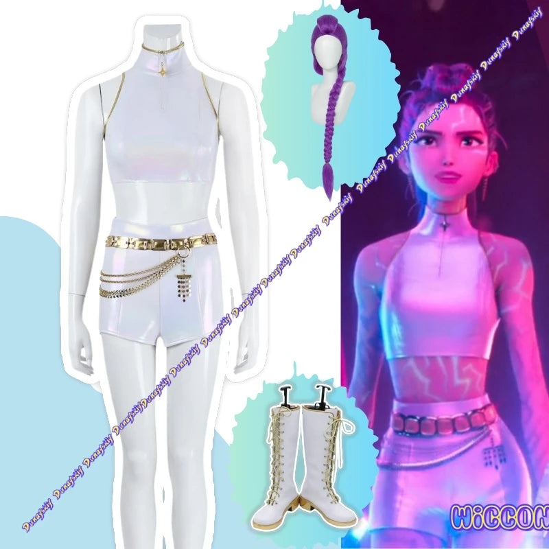 Demon Hunters Rumi Cosplay Kit - White Wig+Vest+Accessories Full Set | Huntrix Halloween Costume for Women & Teens