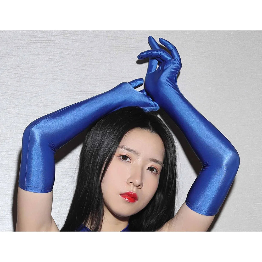Sexy Lingerie Women Smooth Shiny Elastic Long Gloves Oil Silky Driving Nightclub Mittens High Elastic