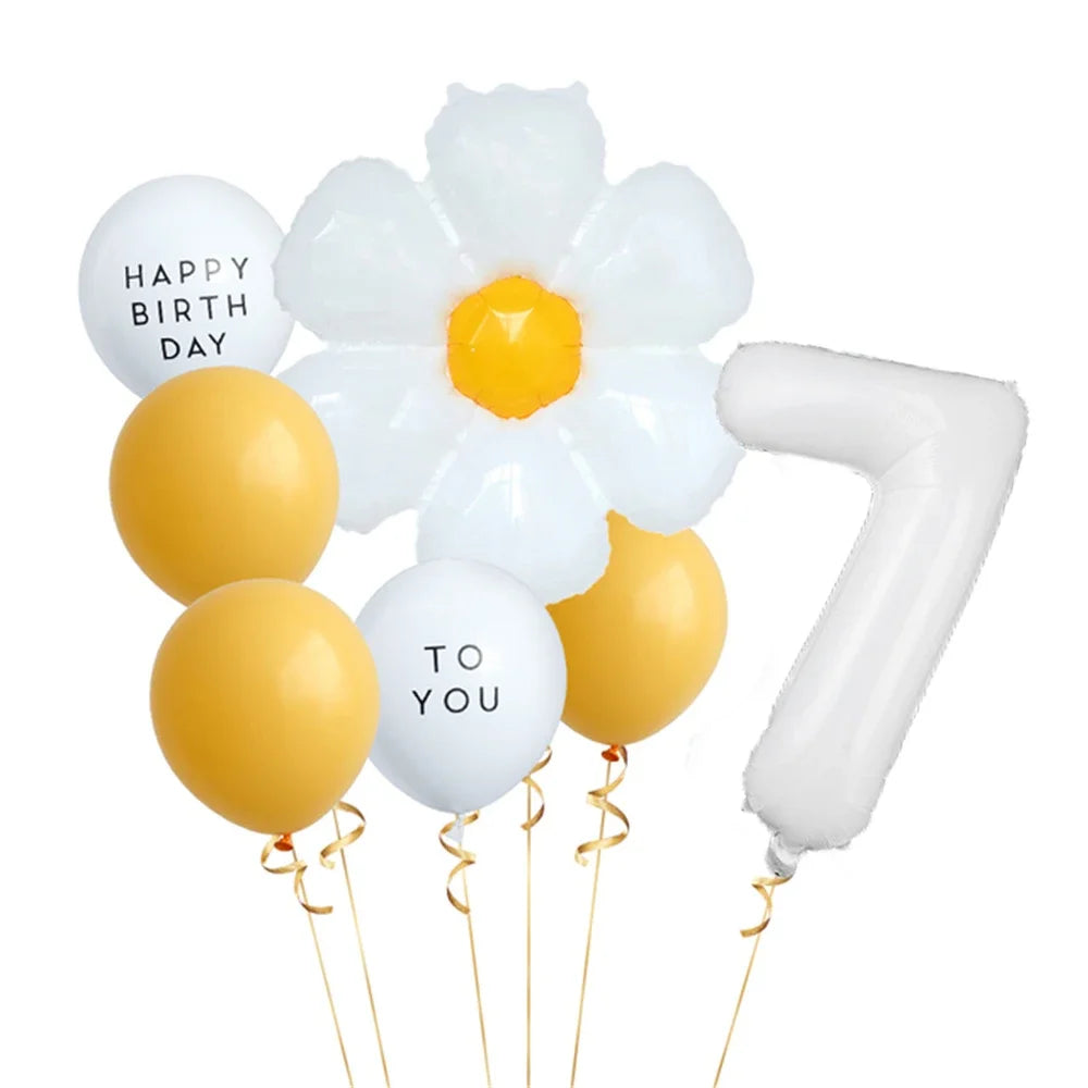 8pcs White Daisy Balloon Set With 32inch 1-9 White Number Ballon For  Daisy Themed Birthday Party Decor Kids Toys Helium Globos