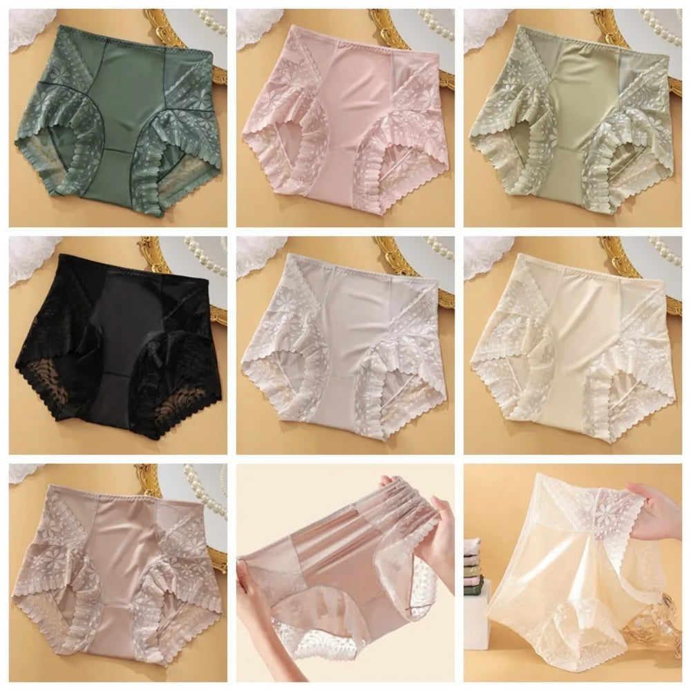 Satin Women Silk Panties High Waist Lingeries Plus Size Briefs Tummy Control Underwear Traceless Ice Silk Lace Underpants Lady