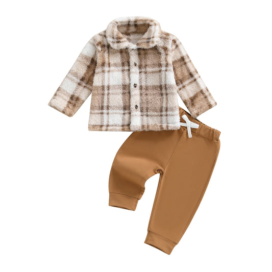 Infant Winter Clothes Set Warm Plaid Fleece Lapel Neck Button Down Long Sleeve Shirt and Pants Outfit for Baby Boy