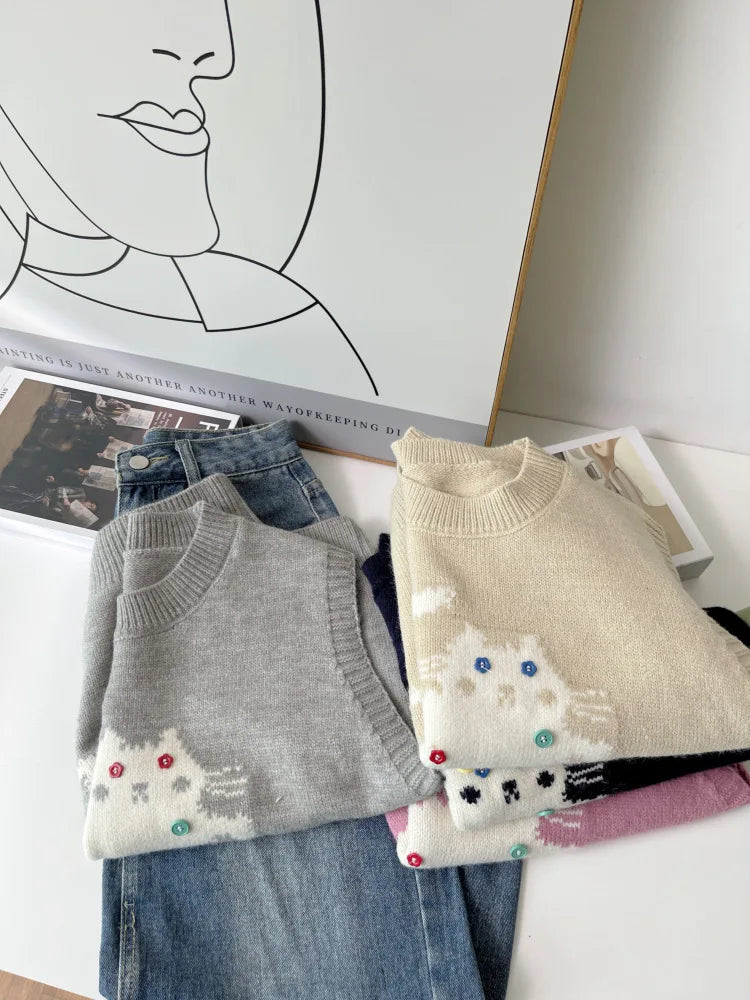 Korean Cute Cat Knitted Sweater Vest For Women 2025 New Colorful Buttons Round Neck Knitwear Loose Casual Versatile Pullovers