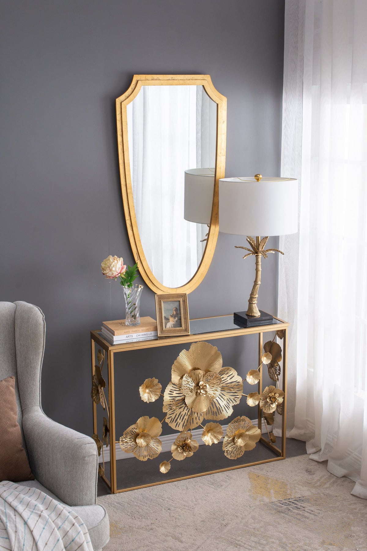 Shield-Shaped Gold Metal Frame Wall Mirror, 24 × 46 in