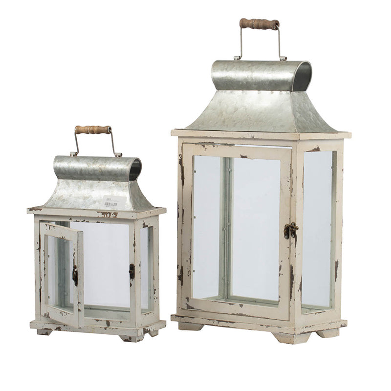 Set of 2 White Wood & Metal Hurricane Candle Lanterns