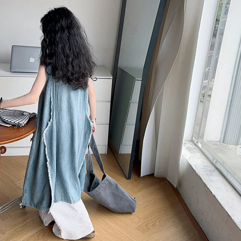 Loose Style Kids Luxury Summer Denim Dresses for Teenage Girl High Fashion Street Outfits Children Casual Sleeveless Jeans Dress