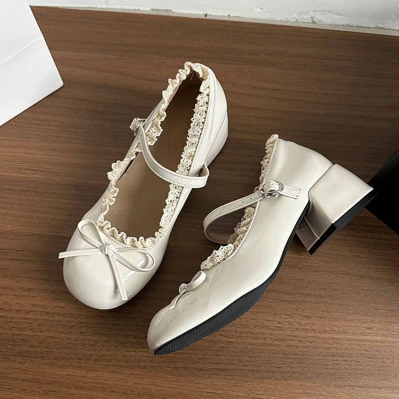 Butterfly-knot Women Mary Jane Shoes Elegant Patent Leather Wedding Party Thick Heel Ladies Footwear