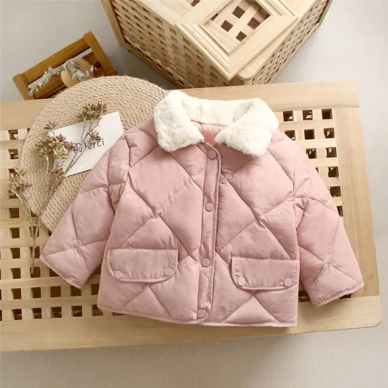 Children's Loose Cotton Clothes 18M-7Y Baby Short Diamond-shaped Lapel Cotton Jacket Boys and Girls Thick Warm Fur Collar Coat
