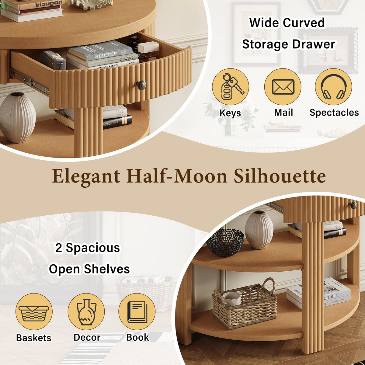 Fluted Half Moon Console Table with Drawer and 2 Shelves for Entryway,