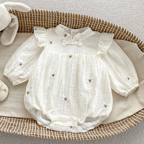 2024 New Autumn 0-24M Children Clothes Newborn Baby Girls Long Sleeved Cotton Bodysuits+Lace Dress Korean Style Climbing Suit