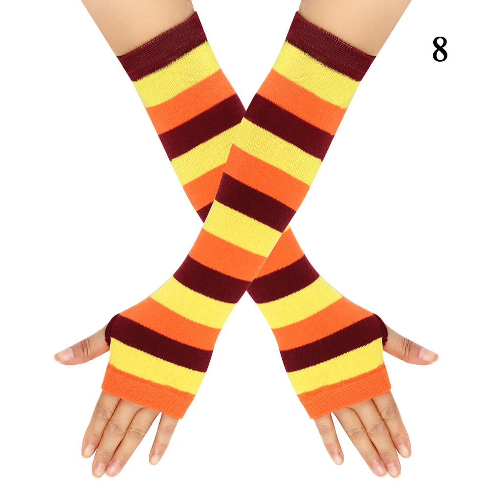 Macaroon Color Striped Long Sleeves Fashion Punk Long Fingerless Gloves For Women Men Outdoor Christmas Ornament  Arm Warmer