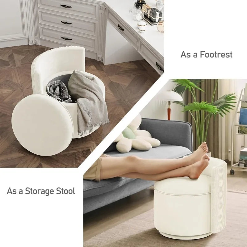 360° Swivel Accent Chair with Storage, Vanity Stool Back,Velvet Storage Ottoman,Upholstered Round Barrel Vanity Chair(Off White)