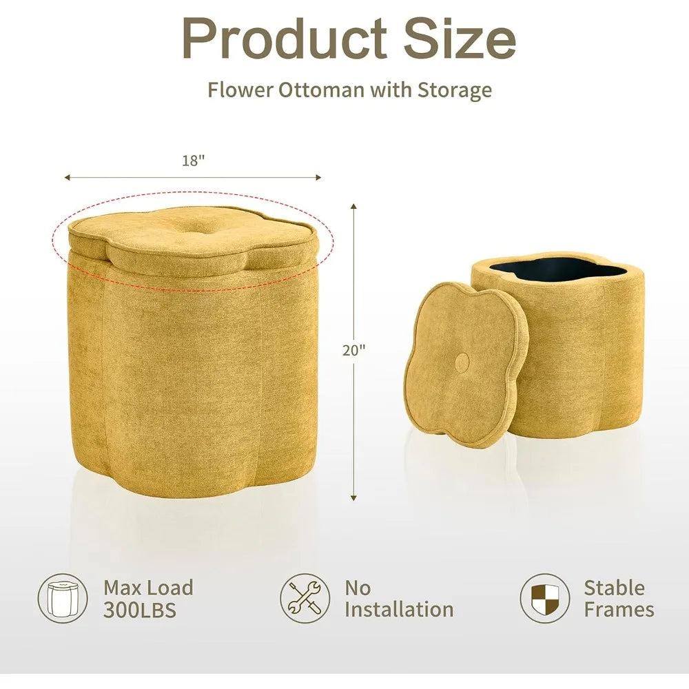 18"Flower Foot Rest Ottoman with Storage,Chenille Fabric Pouf Ottoman for Home Decor,Vanity Stool, Extra Seating for Living Room