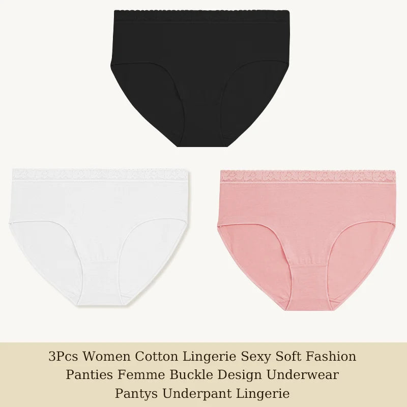 3Pcs Women Cotton Lingerie Sexy Soft Fashion Panties Femme Buckle Design Underwear Pantys Underpant Lingerie Lace Intimates S-XL