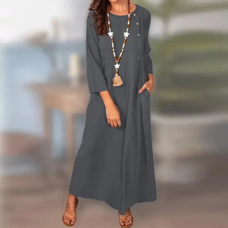 Autumn Fashion Dress Elegant Cotton Linen Women's Solid Color Long Dress Temperament Comfortable Round Neck Long Sleeve Dress