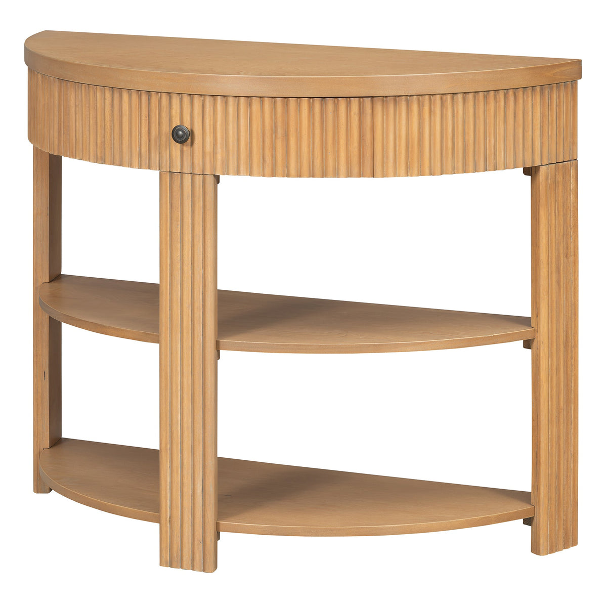 Fluted Half Moon Console Table with Drawer and 2 Shelves for Entryway,
