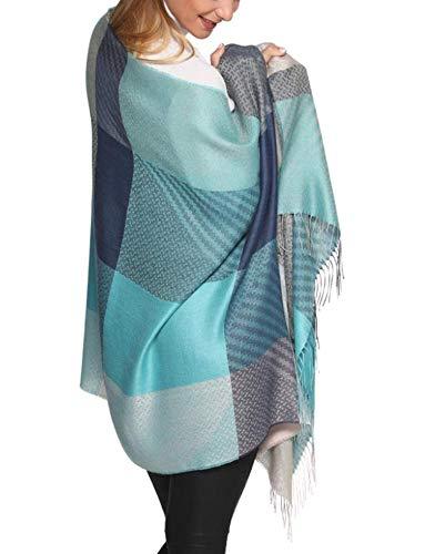 Alpaca wool and silk blue checkered shawl