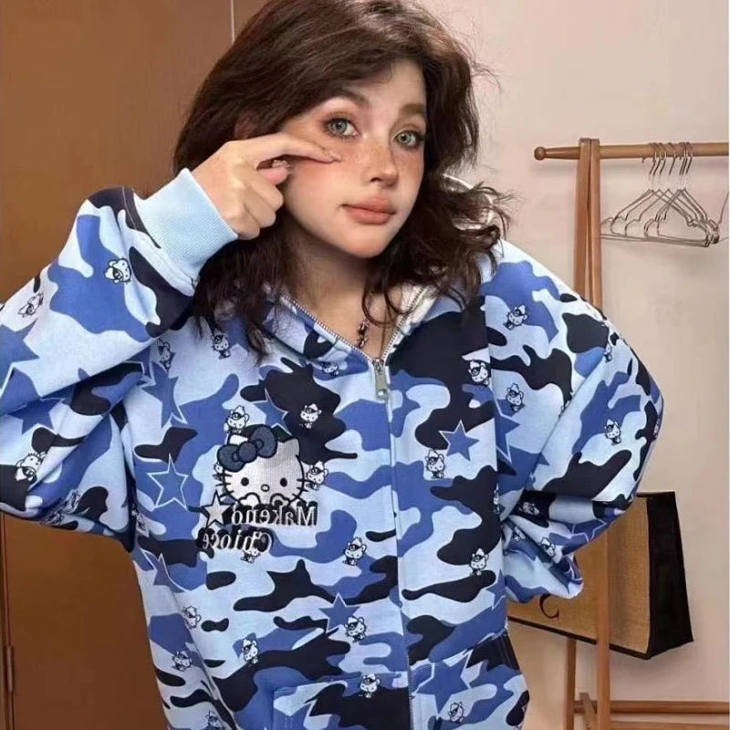 Miniso Cartoon Hello Kitty Hooded Zipper Sweater Kawaii Y2K Couple Cardigan Pure Cotton Camouflage Jacket Trendy Christmas Gift