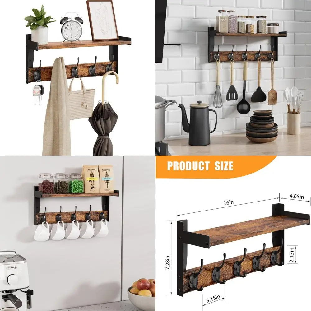 wall hooks with shelf, wood coat rack with shelf wall-mounted, entryway hanging shelves with 5 metal hooks for clothes hats towe