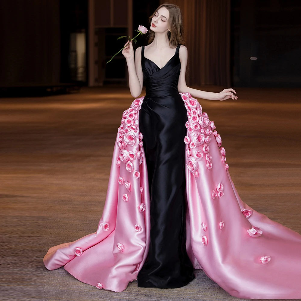 Spaghetti Straps Satin Mermaid Wedding Dress With Detachable 3D Flowers Long Train Elegant Backless Bridal Party Dress TSWD453