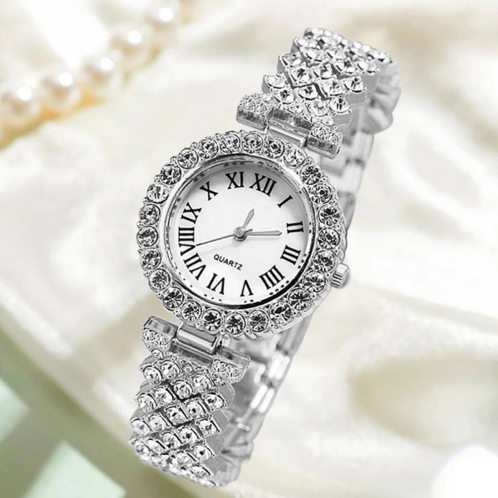 6PCS/SET Luxury Trendy Fashion Roman Digital Scale Quartz Watch Bracelet Necklace Earrings Set Perfect Gift for Friends or Moms