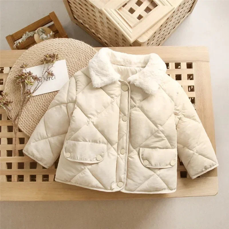 Children's Loose Cotton Clothes 18M-7Y Baby Short Diamond-shaped Lapel Cotton Jacket Boys and Girls Thick Warm Fur Collar Coat