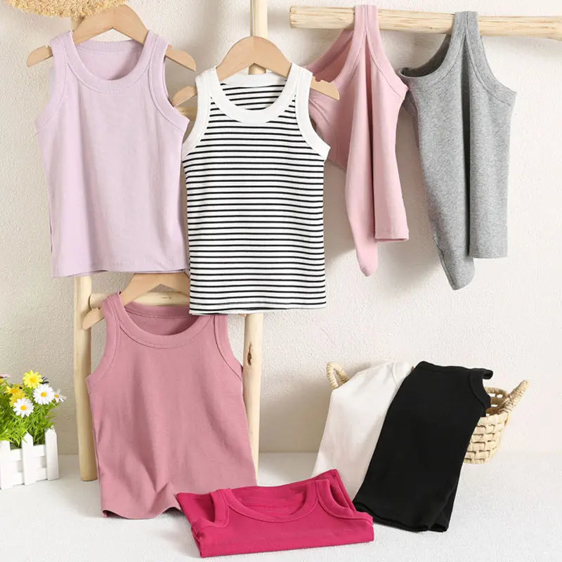 Kids Sleeveless T-shirts Candy Color Summer Tank Tops for Boys Girls Cotton Children Vest Toddler Bottom Baby Sports Clothes
