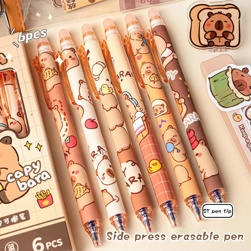 Cute Capybara Gel Pens - 6Pcs Kawaii Pen Set Quick-Drying Blue Erasable for Office School Kawaii Aesthetic Stationery