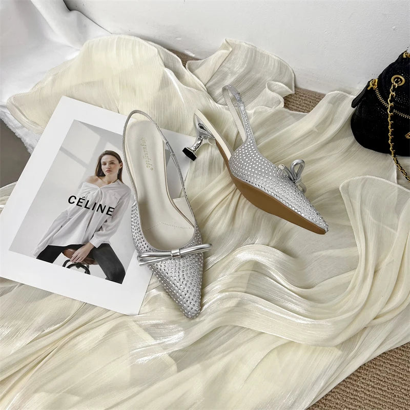 Eilyken Designer Silk CRYSTAL Pumps Women Sexy Pointed Toe Low Thin Heels Wedding Banquet Dress Mule Elegant Ladies Shoes