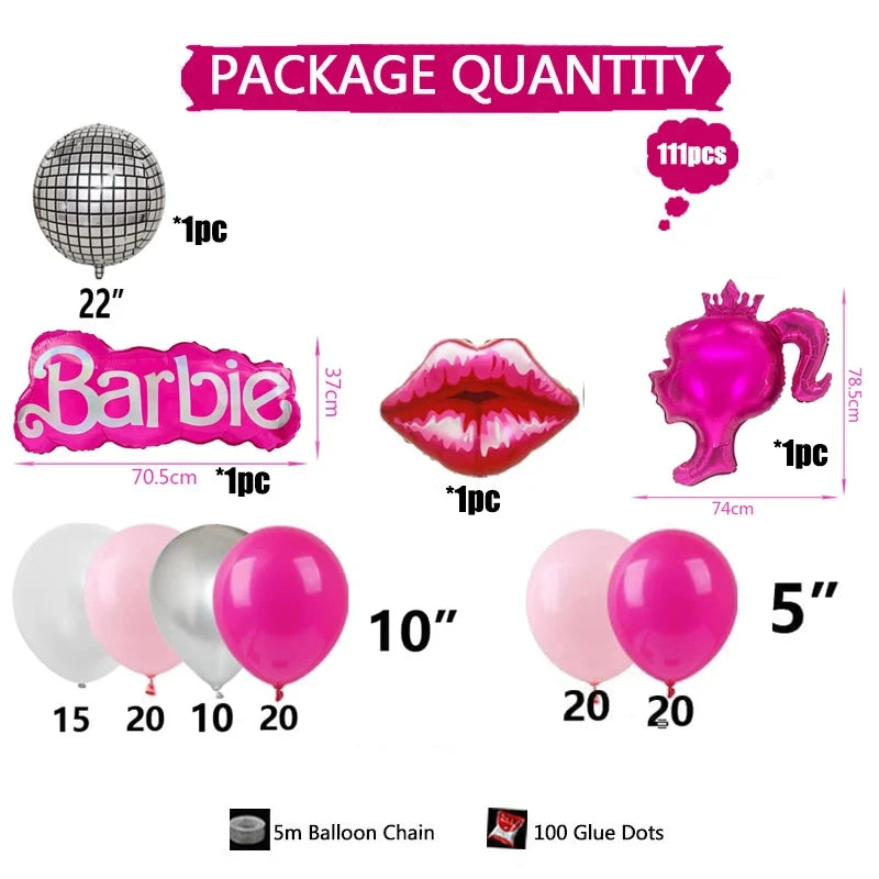 111pcs Pink Barbie Princess Party Balloon Arch Kit Princess Makeup Party Girl Princess Birthday Baby Shower Gender Reveal Decor