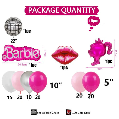111pcs Pink Barbie Princess Party Balloon Arch Kit Princess Makeup Party Girl Princess Birthday Baby Shower Gender Reveal Decor