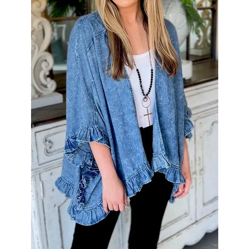 Vintage Blue Denim Jacket Female Fashion Streetwear Lapel 3/4 Sleeves Ruffle Cardigan Loose Women Coat