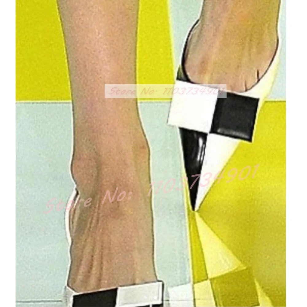 White Mixed Colors Slip-On Sandals Women Fashion Sexy Pointy Toe Chunky Heeled Shoes Ladies Patent Leather Big Size Sandals