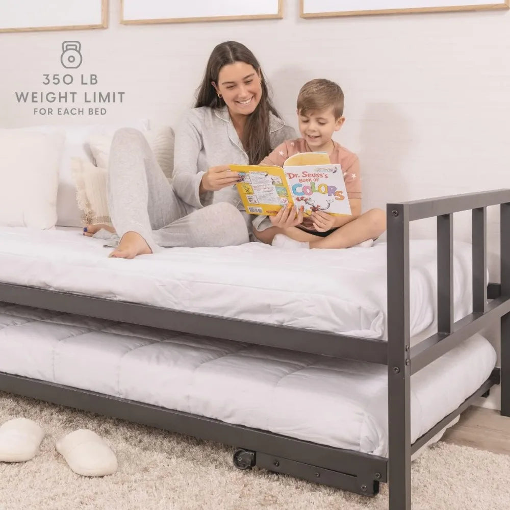 Twin Daybed and Fold- Up Trundle Set, Daybed with Pop Up Trundle, Black Frame - Mattresses Sold Separately