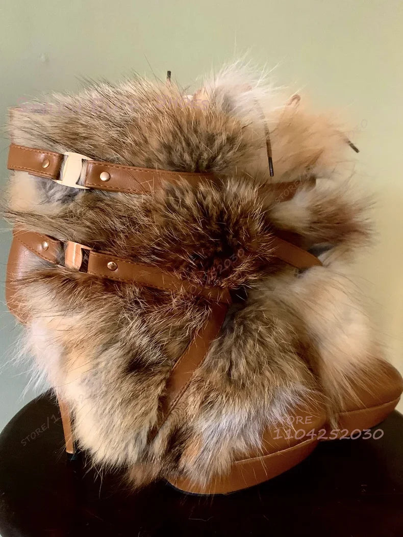 Long Hair Tassel Brown Calf Black Leather Boots Women Round Toe Platform Stiletto Heel Buckle Zip Grey Plush Ankle Booties Shoes