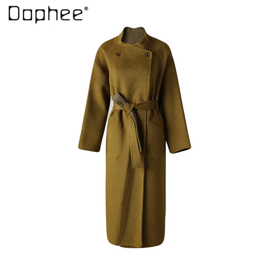 Fashion Elegant Large Lapel Double-Sided Wool Coat for Women Autumn Winter High-End Tie-Up Versatile Loose Slim Woolen Jacket