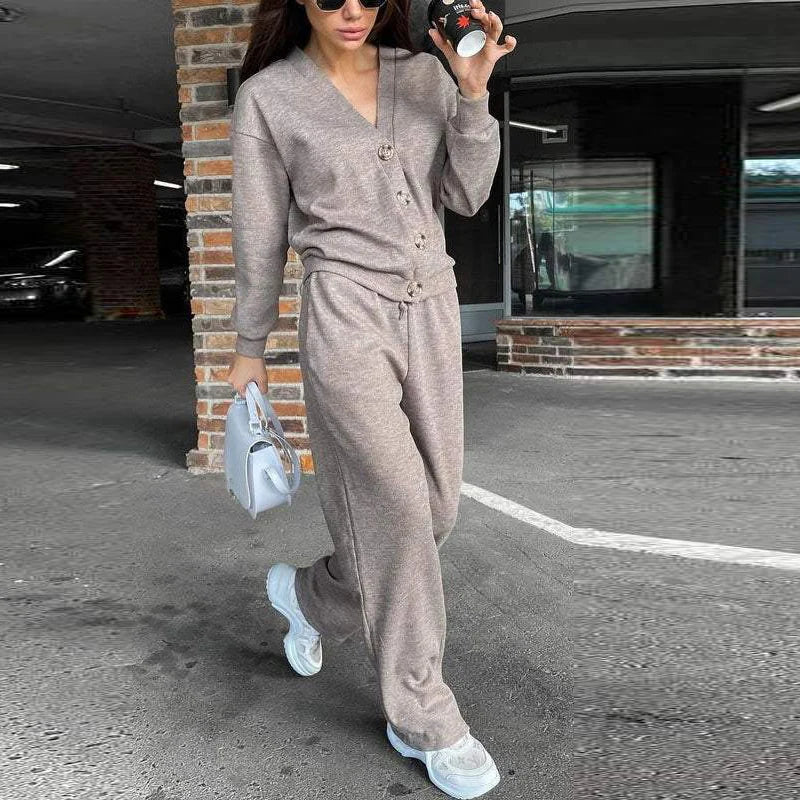 Autumn Winter Women Two Piece Set Button Cardigan Coat Drawstring Plus Size Pants Suit Female Casual Daily Wear