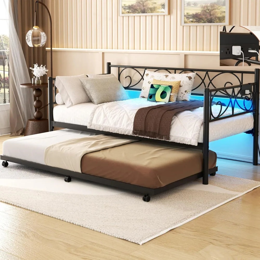 Daybed with Trundle Bed, Twin Bed Frame with Charging Station and LED Lights, Metal Sofa Day Bed with Pop Up Trundle and Steel