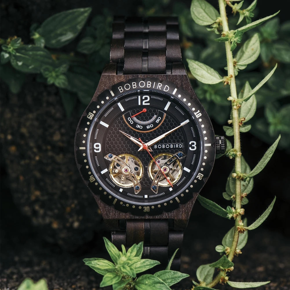 BOBO BIRD Men Mechanical Wooden Watches Double Tourbillon Movement Business Luxury Automatic Wristwatches for Men Great Gift Box
