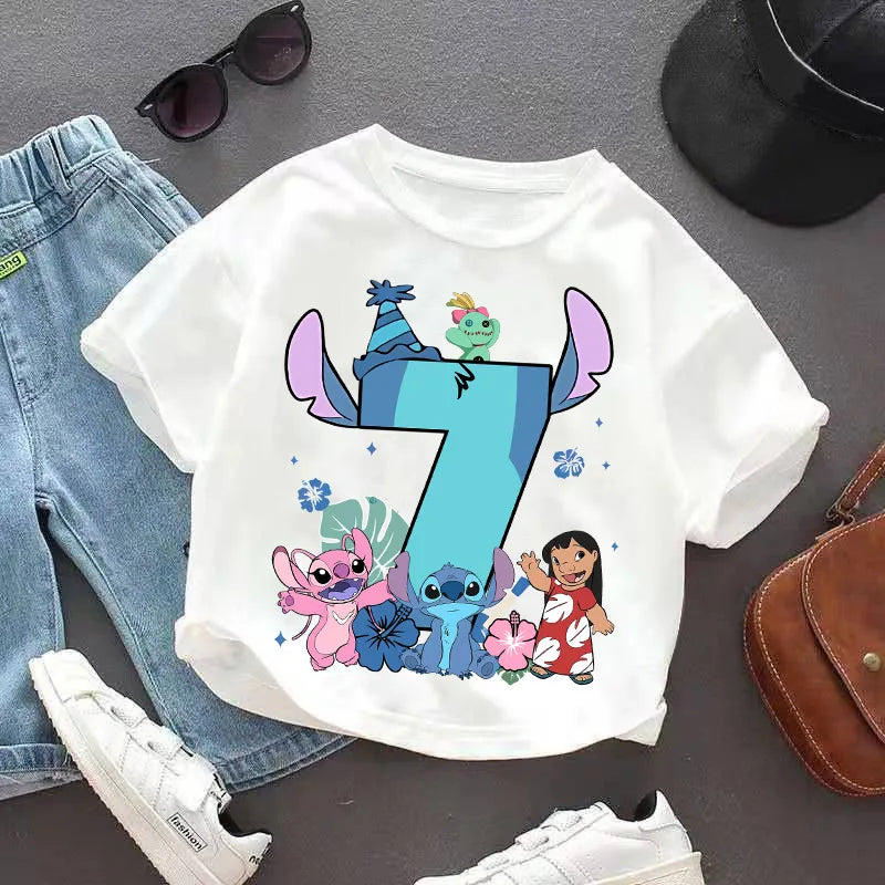 Lilo Stitch T-shirt for Kids Clothes Birthday Number 1-9 Print Children Clothing Cute Anime Tee Party Wear Cotton Baby Tops Gift