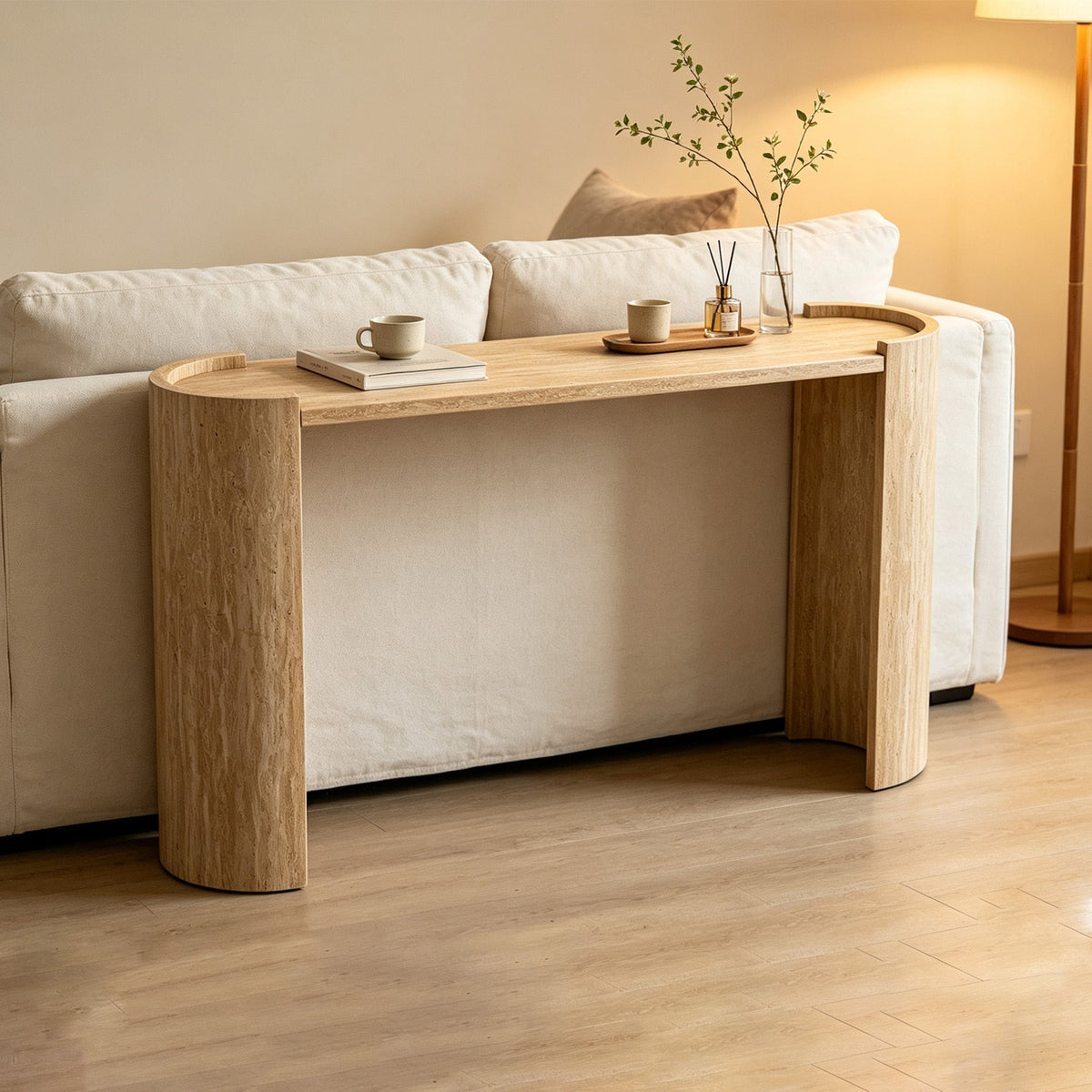 Curved Console Table with U-Shaped Legs and a Natural Wood-Grain